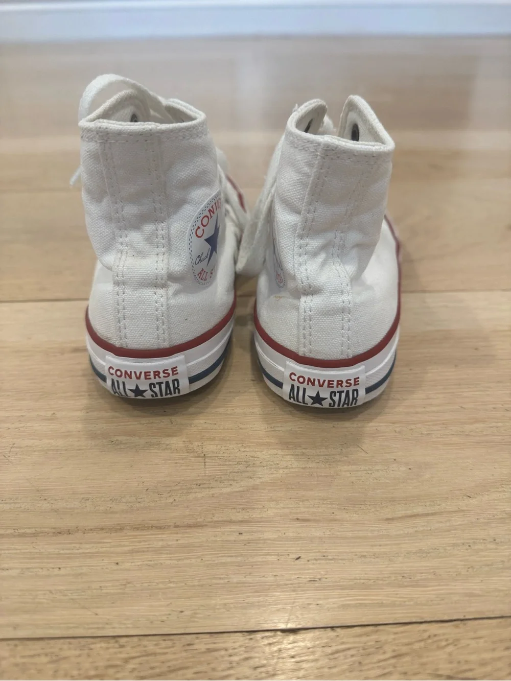 Kids Converse All Star White High Top Sneakers with Red & Blue Trim